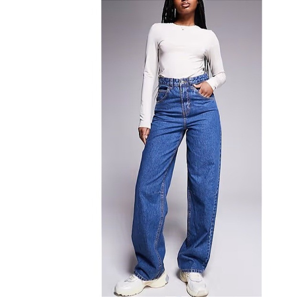 Asos Weekend Collective Baggy Barrel Fit Jeans Mid Blue Size 6 High Rise EUC